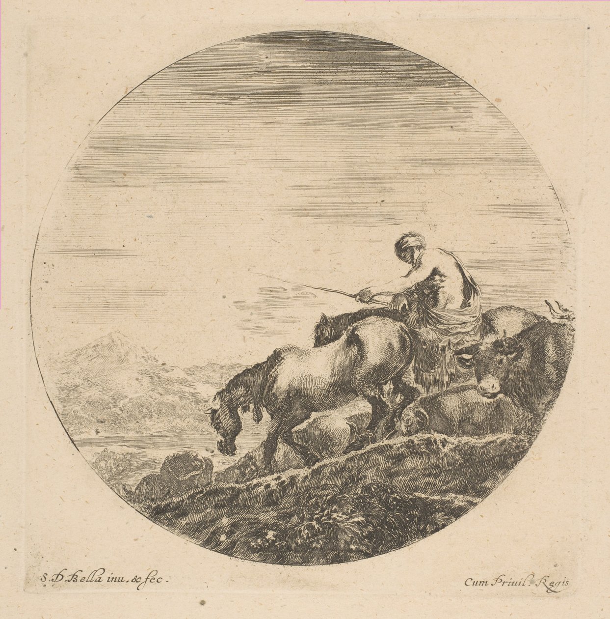 O pastor a cavalo conduz os animais, ca. 1646. de Stefano della Bella