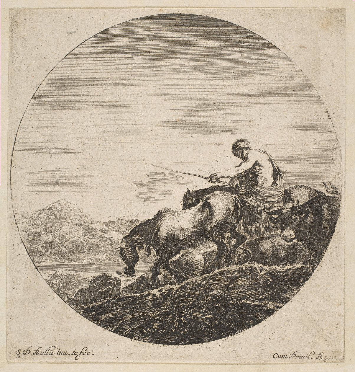 Pastor a cavalo dirige animais, de Seis sujeitos de animais Seis sujets danimaux, ca. 1646 de Stefano della Bella