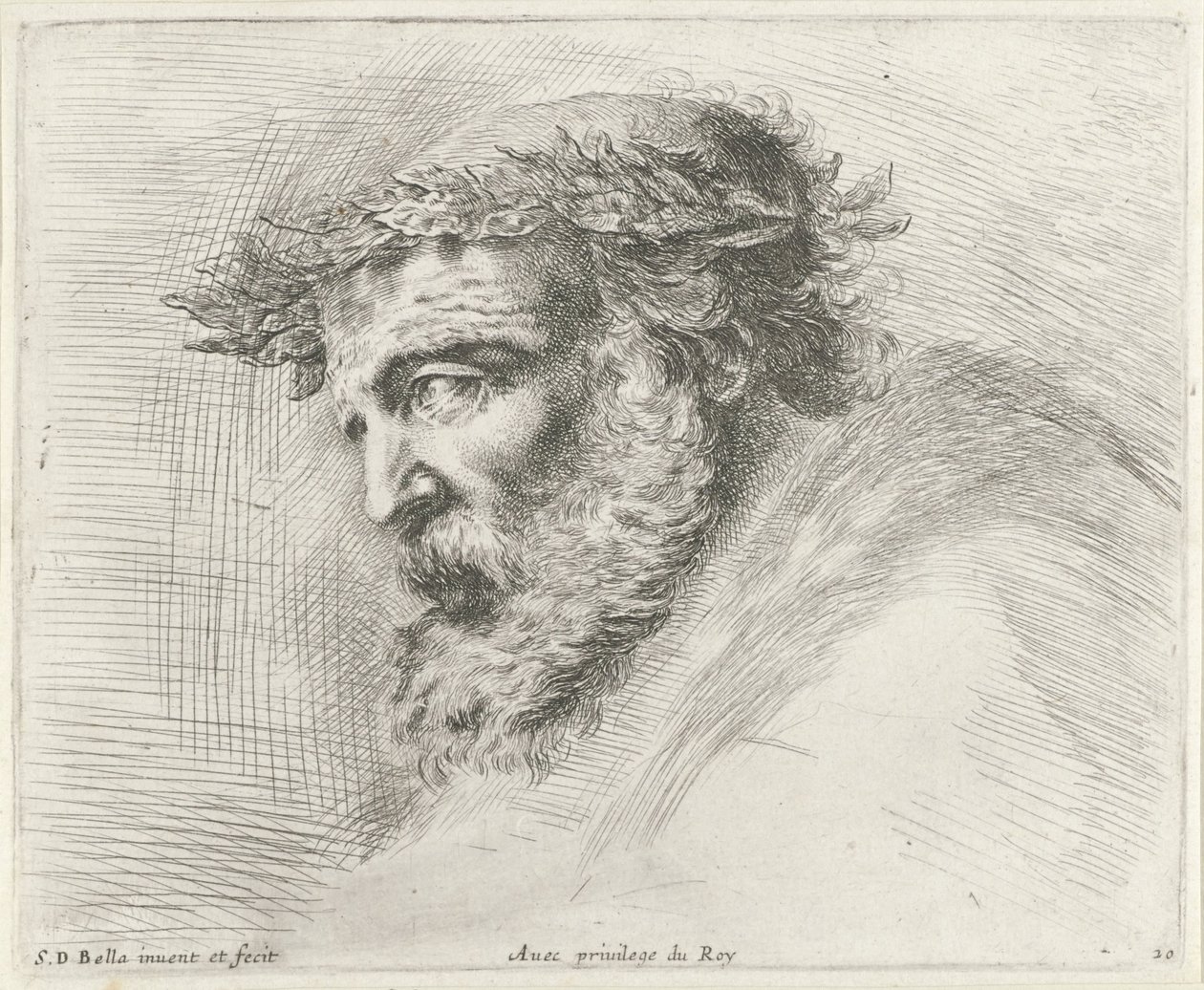 Cabeça de um homem velho com barba e coroa de louros, de perfil à esquerda
Os princípios do desenho (título da série)
I principii del disegno (título da série) de Stefano della Bella