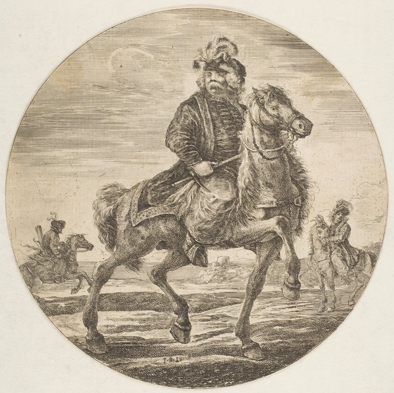 Cavaleiro húngaro cavalgando para a direita, outros cavaleiros ao fundo, um circu ..., ca. 1651 de Stefano della Bella