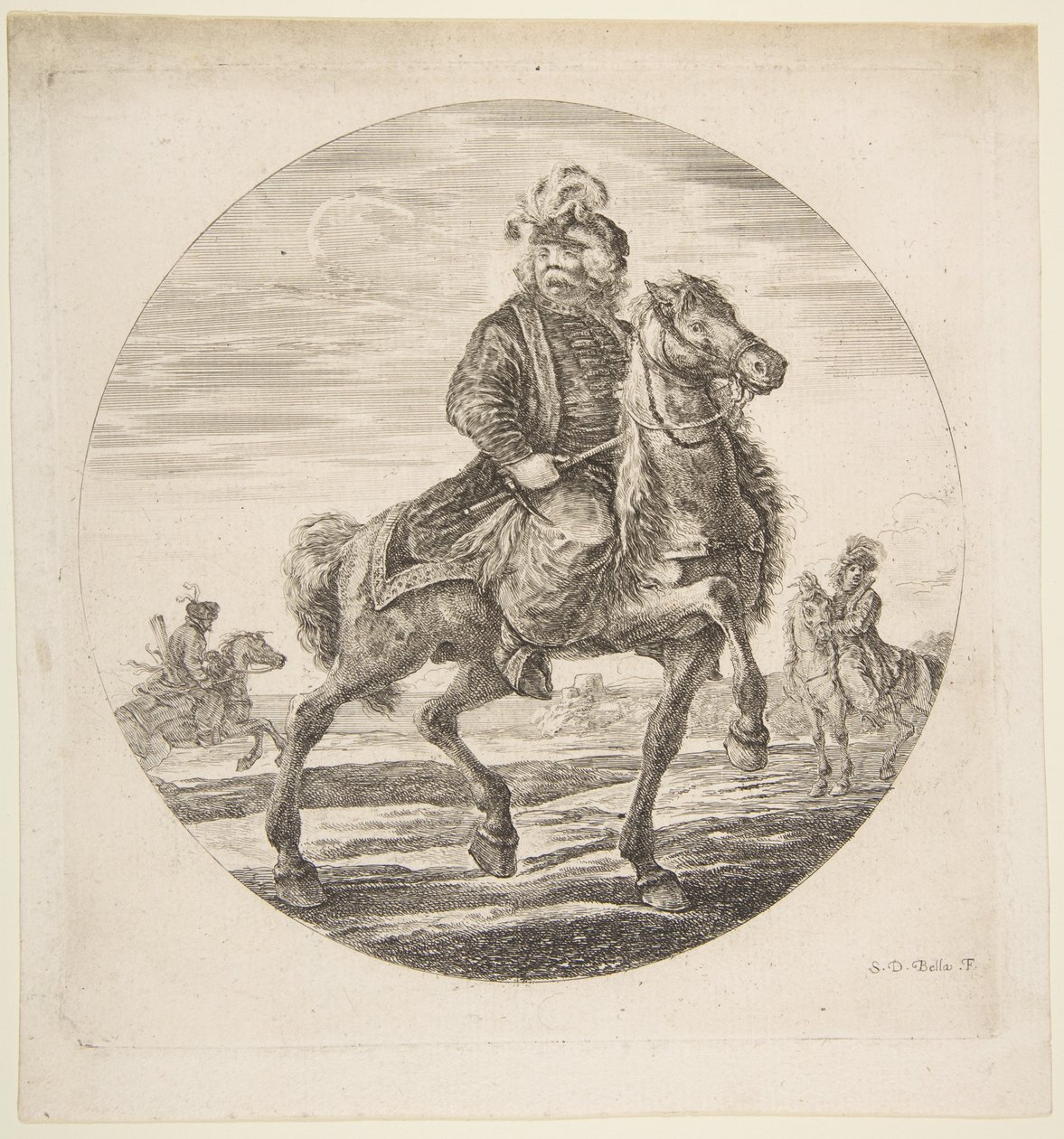 Cavaleiro húngaro cavalgando para a direita, outros cavaleiros ao fundo, um circu ..., ca. 1651 de Stefano della Bella