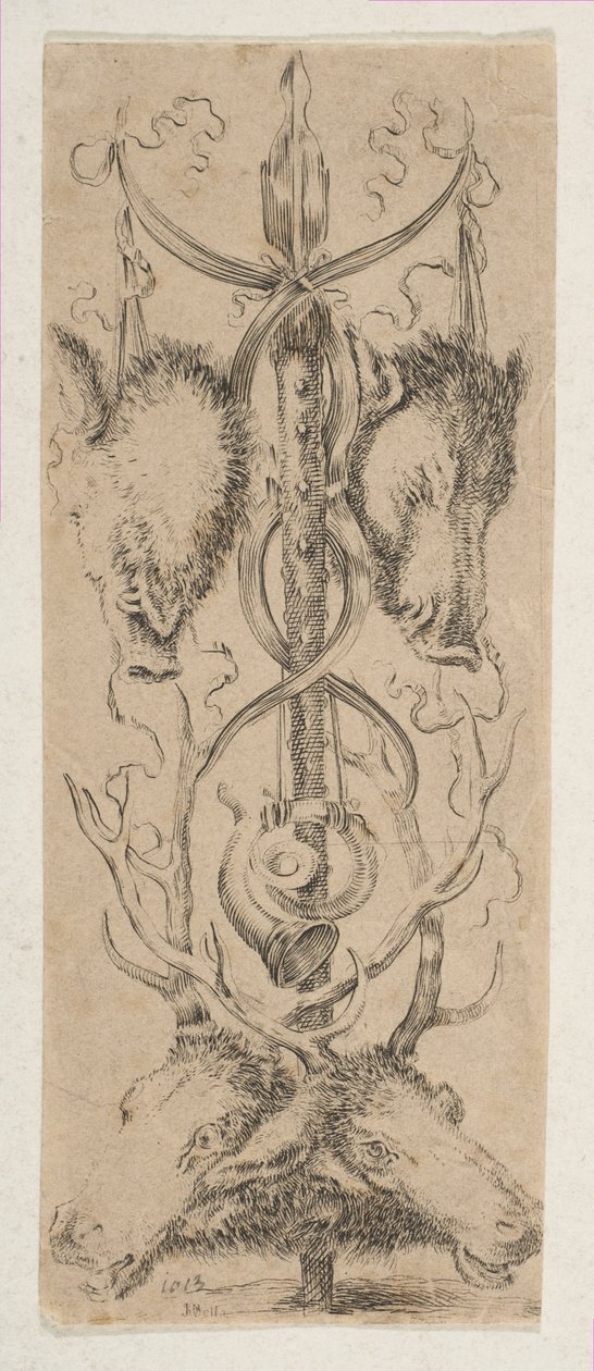 Troféu de caça com cabeças de veado na parte inferior, ca. 1653. de Stefano della Bella