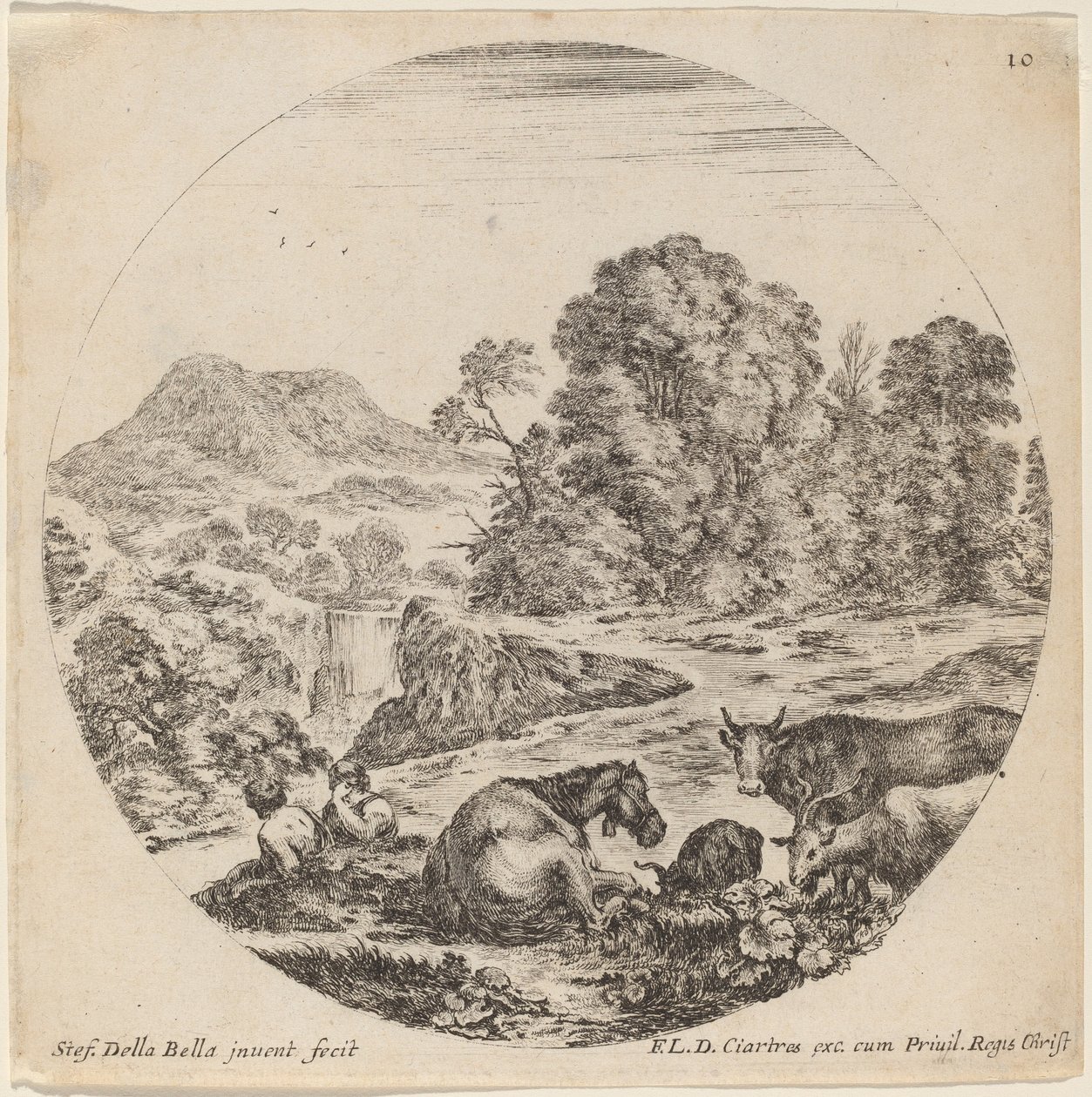 Paisagem com animais e dois pastores sentados, 1646. de Stefano della Bella