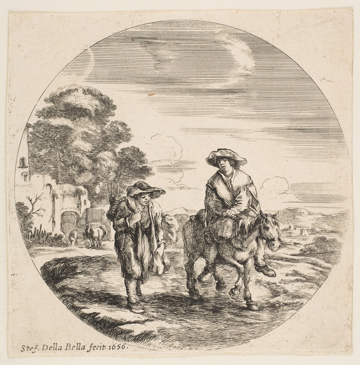 Paisagem com dois camponeses, um a cavalo, de Paisagens e portos marítimos, Paysages ..., 1656. de Stefano della Bella