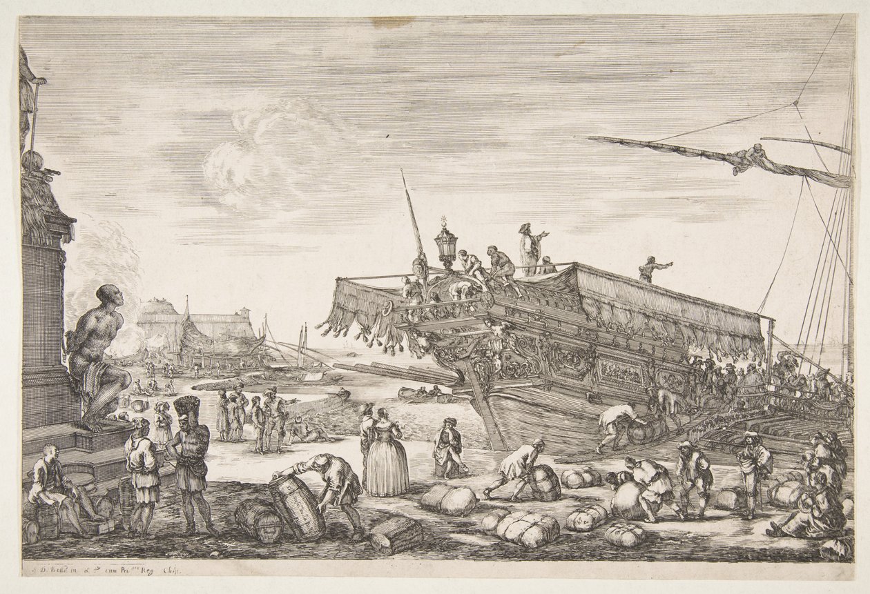 Carregando uma cozinha, de Vistas do porto de Livorno Vues du port de Livourne, 1654-55. de Stefano della Bella