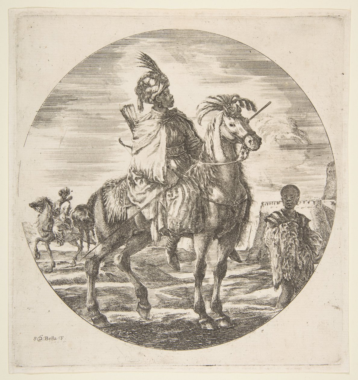 Cavaleiro mourisco de perfil voltado para a direita, um escravo negro segurando um pelo à direita, outro ..., ca. 1651 de Stefano della Bella