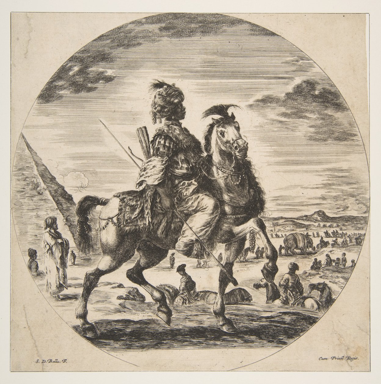 Cavaleiro mouro no perfil voltado para a direita, ao fundo uma pirâmide à esquerda, muitos fi ..., ca. 1651 de Stefano della Bella