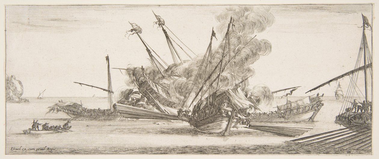 Combate naval, um navio ao centro, visto de trás, disparando contra quatro navios inimigos, outro ..., ca. 1641. de Stefano della Bella