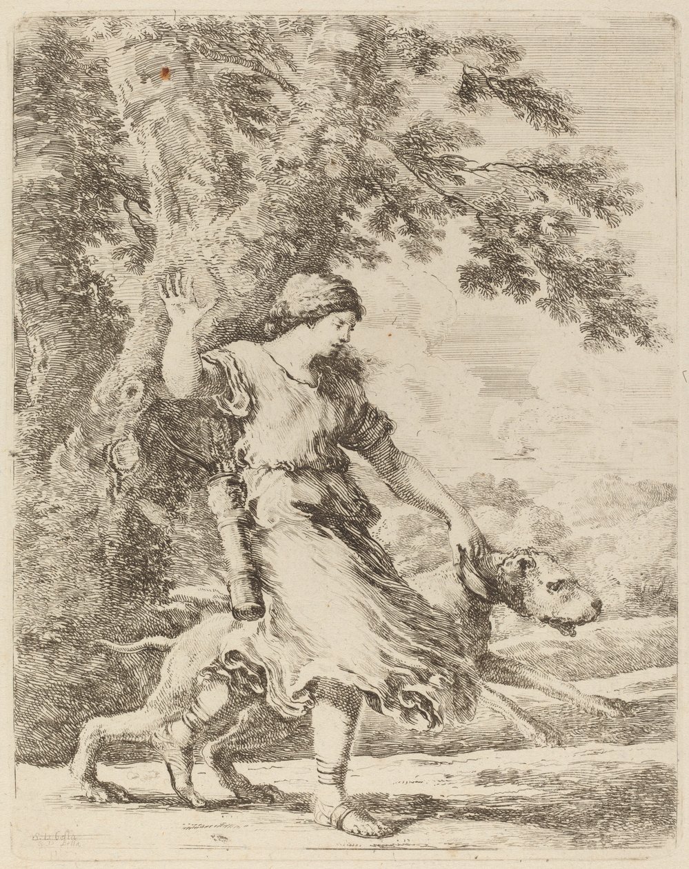 Ninfa segurando um cachorro grande por uma coleira de Stefano della Bella