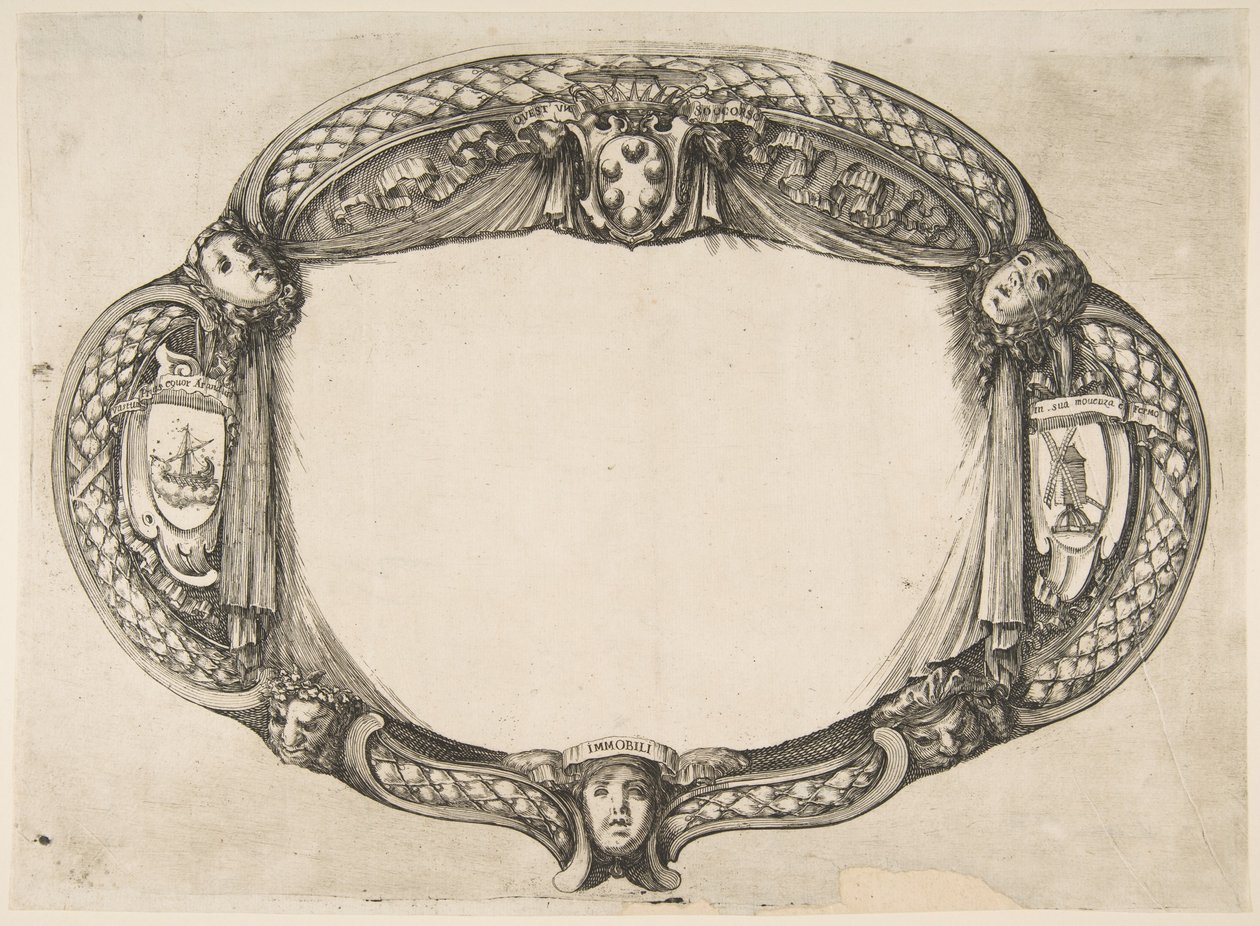Design de ornamentos para uma tese sobre o dispositivo: Quest un soccorso, ca. 1656 de Stefano della Bella