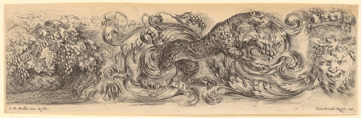 Friso ornamental com um leopardo saltando ao centro, um cesto de fruta à esquerda e uma máscara grotesca à direita de Stefano della Bella