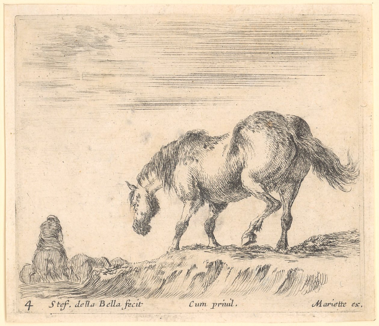 Cavalo de perfil voltado para a esquerda, à esquerda um cavaleiro noutro cavalo de Stefano della Bella