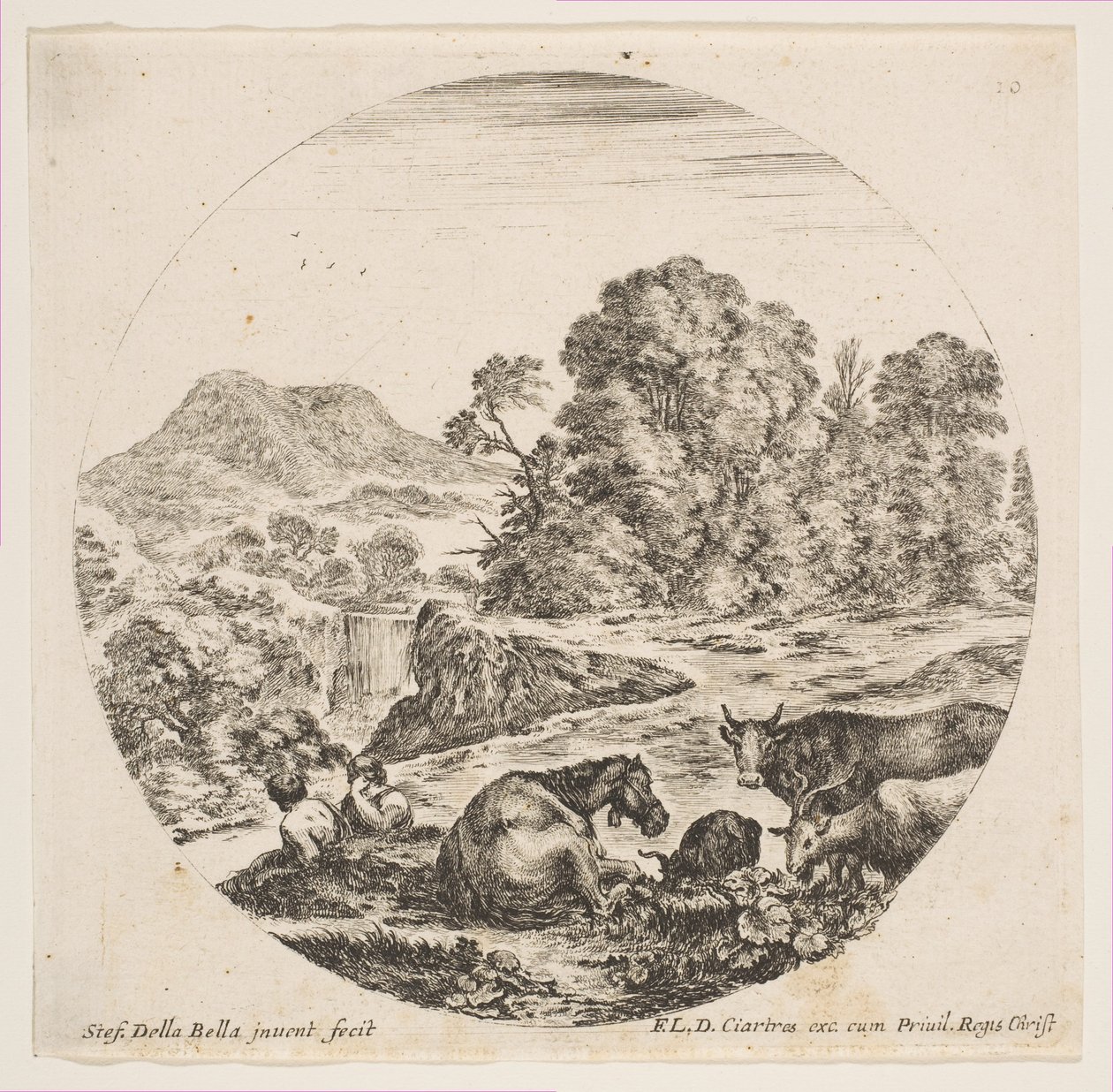 Placa 10: um cavalo deitado ao centro, uma vaca e duas cabras à direita, dois pastores sentados..., ca. 1646. de Stefano della Bella