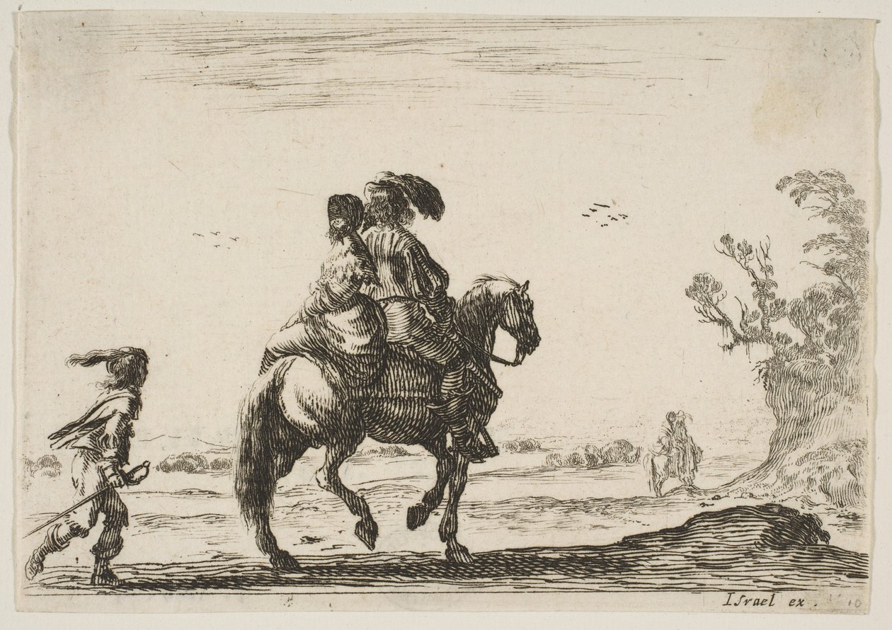 Ilustração 10: um cavaleiro e uma mulher, vistos por trás, cavalgando para a direita com um jovem ..., 1642. de Stefano della Bella