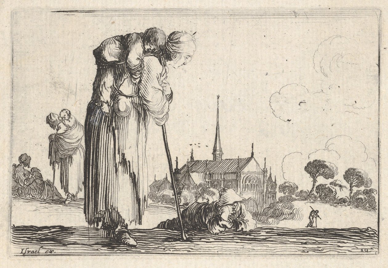 Ilustração 10: uma camponesa virada para a direita com uma criança nas costas, um menino lyi ..., ca. 1642 de Stefano della Bella