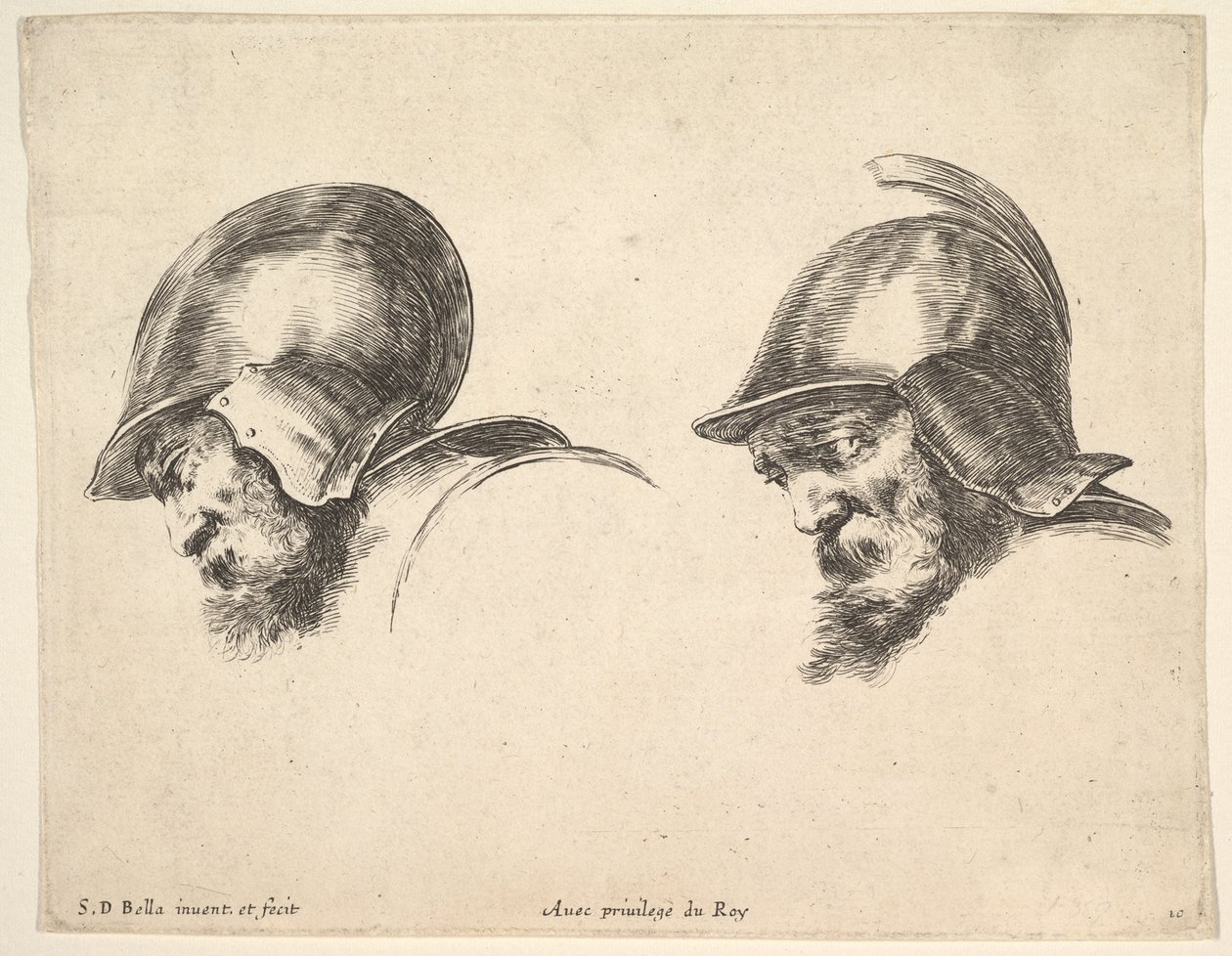 Ilustração 10: duas cabeças de velhos soldados usando capacete, ambos voltados para a esquerda e olhando para baixo ..., ca. 1641 de Stefano della Bella