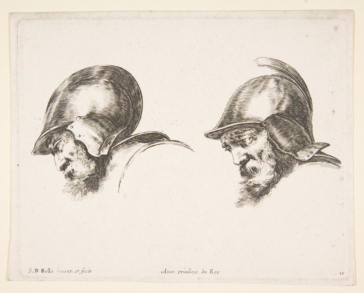 Ilustração 10: duas cabeças de velhos soldados usando capacete, ambos voltados para a esquerda e olhando para baixo ..., ca. 1641 de Stefano della Bella