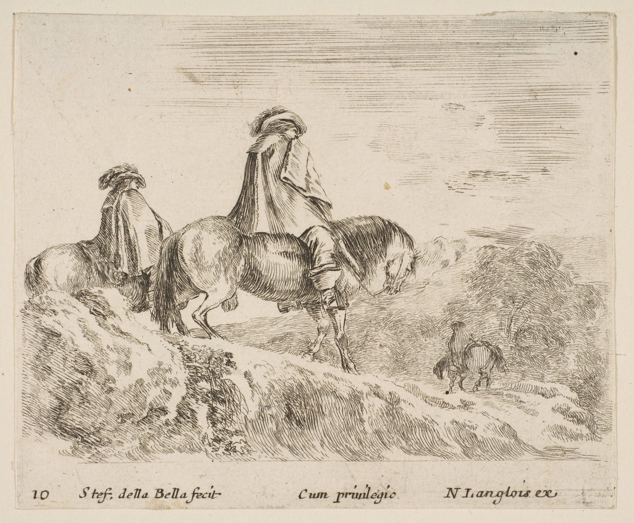 Ilustração 10: dois cavaleiros descendo uma montanha à esquerda, outro cavaleiro à direita em ..., ca. 1644-47. de Stefano della Bella
