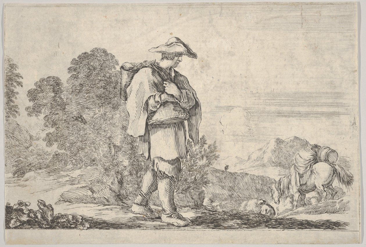 Gravura 11: um camponês de chapéu ao centro, caminhando para a direita, um cavalo descendo..., ca. 1641. de Stefano della Bella