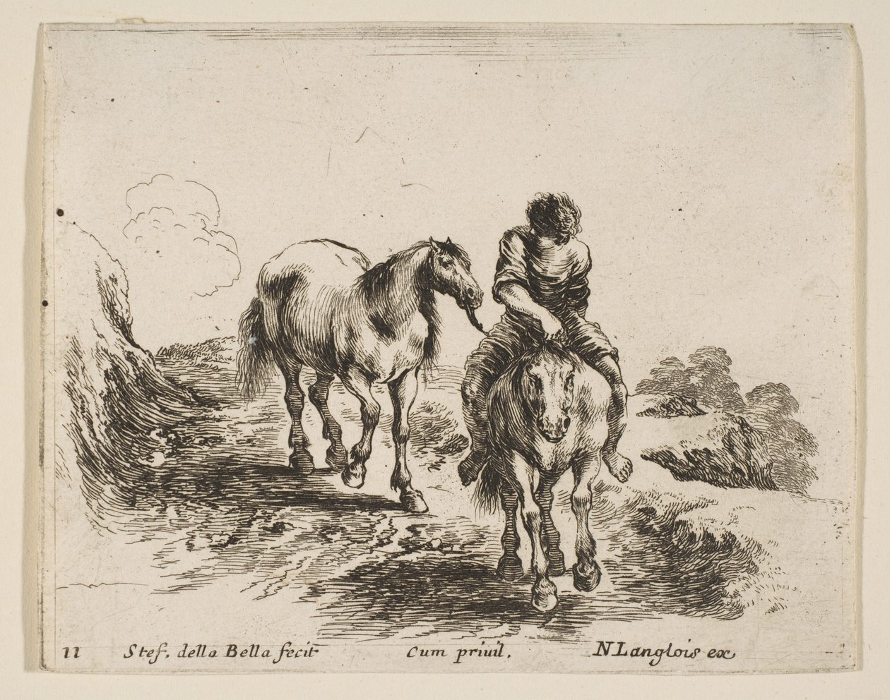 Ilustração 11: um jovem cavaleiro, visto de frente, conduzindo outro cavalo, de Diver ..., ca. 1644-47. de Stefano della Bella