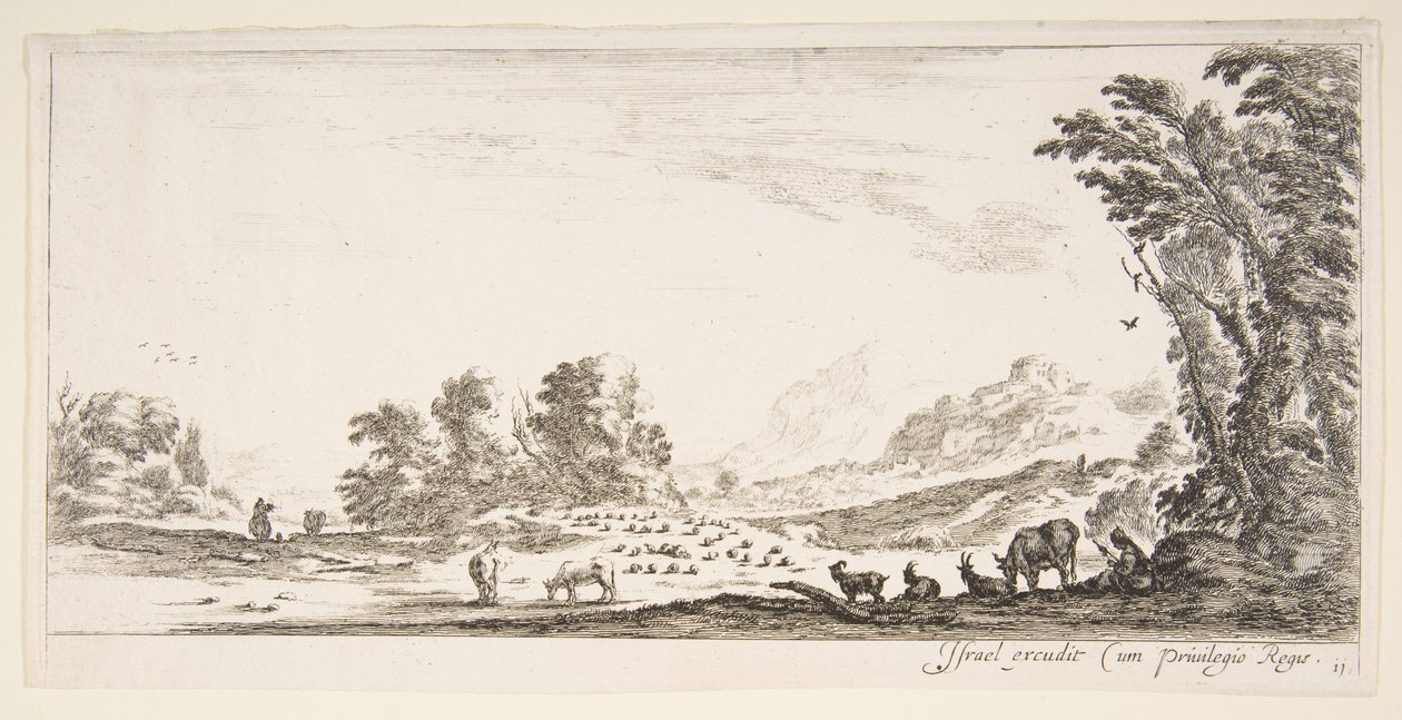 Ilustração 11: pastora sentada à direita debaixo de uma árvore, observando-a rebanho para a esquerda ..., ca. 1641 de Stefano della Bella