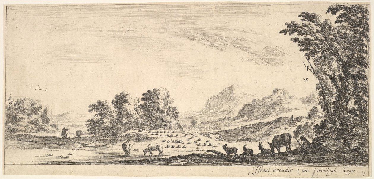 Ilustração 11: pastora sentada à direita debaixo de uma árvore, observando-a rebanho para a esquerda ..., ca. 1641 de Stefano della Bella