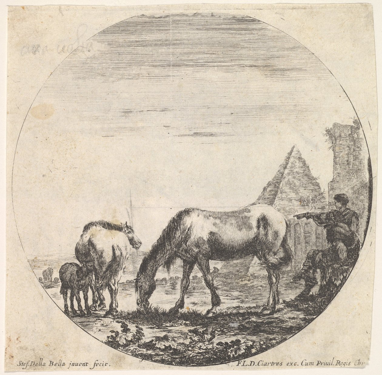 Ilustração 11: a pirâmide de Caius Cestius à direita no fundo, um cavalo pastando ..., ca. 1643-48. de Stefano della Bella