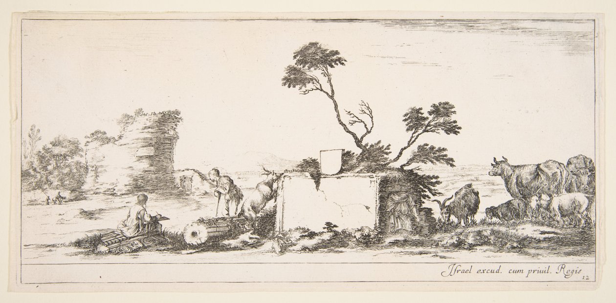Ilustração 12: um desenhista sentado à esquerda, um pastor de pé ao lado dele à direita, arruinar ..., ca. 1641 de Stefano della Bella