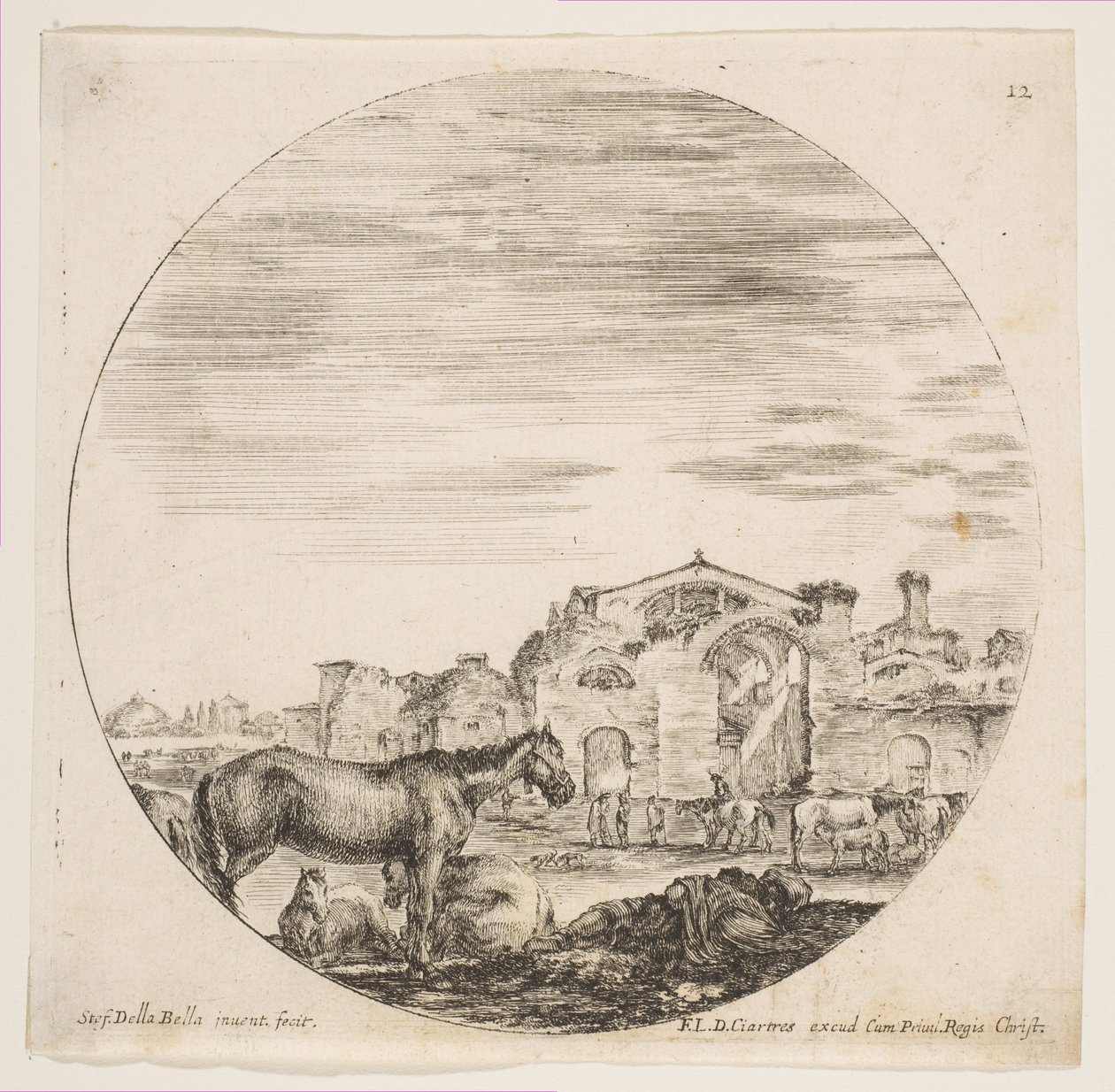 Ilustração 12: um pastor dormindo no chão à direita, três cavalos à esquerda, outros cavalos ..., ca. 1646 de Stefano della Bella