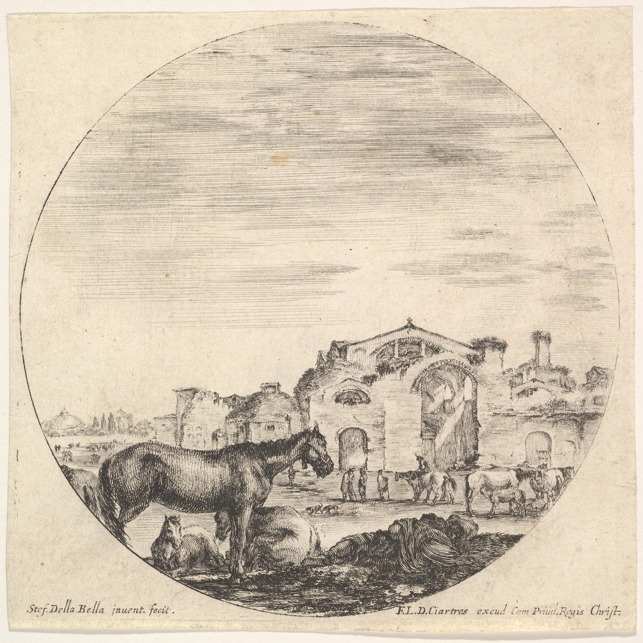 Gravura 12: um pastor dormindo no chão à direita, três cavalos à esquerda, outro h..., ca. 1643-48. de Stefano della Bella