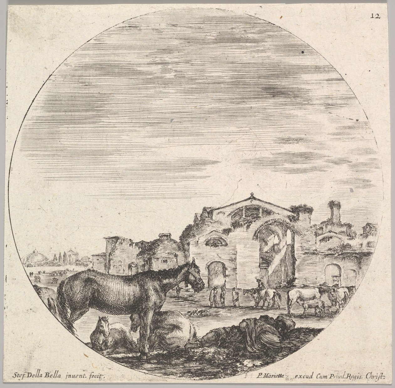 Ilustração 12: um pastor dormindo no chão para a direita, três cavalos para a esquerda, outro h ..., ca. 1643-48. de Stefano della Bella