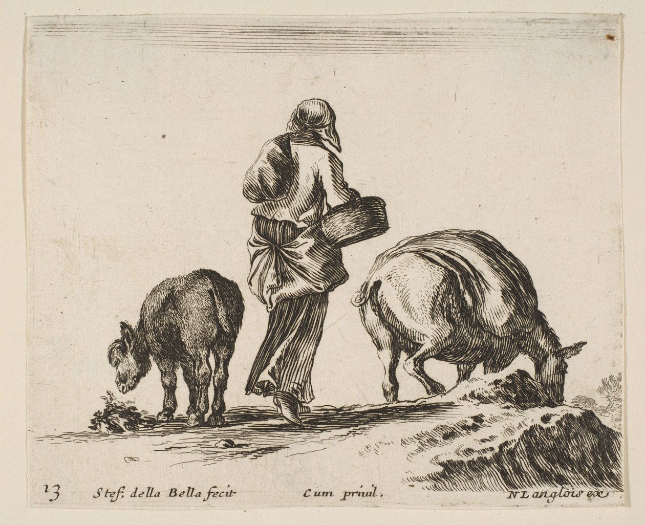 Ilustração 13: uma camponesa, vista de trás, segurando uma cesta no centro, um burro ..., ca. 1644-47. de Stefano della Bella