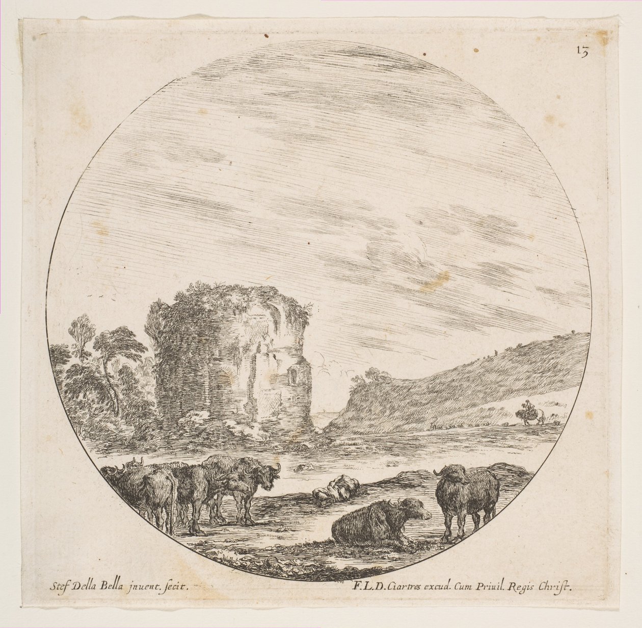 Ilustração 13: ruínas de um templo em uma paisagem romana, de paisagens romanas e ruínas P ..., ca. 1646 de Stefano della Bella
