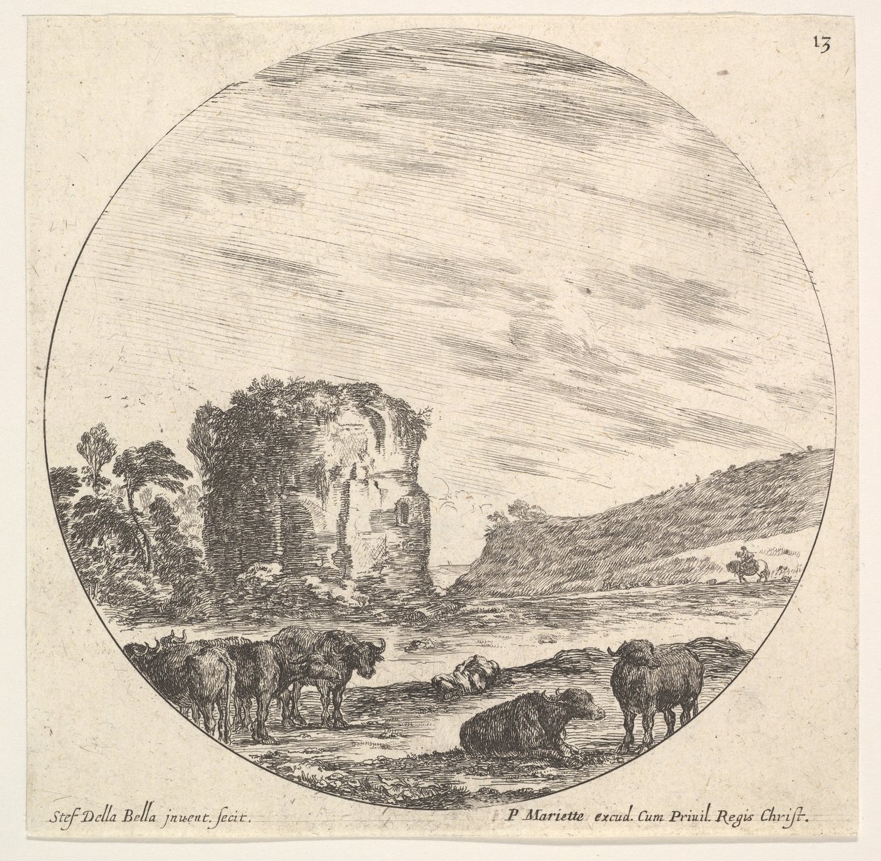 Ilustração 13: ruínas de um templo antigo ao fundo, um rebanho de vacas no foreg ..., ca. 1643-48. de Stefano della Bella