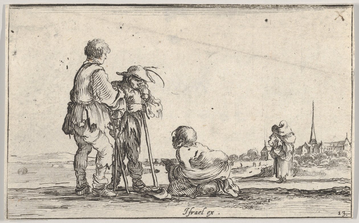 Gravura 13: dois camponeses à esquerda, um aleijado ajoelhado no chão ao centro, um..., ca. 1642. de Stefano della Bella