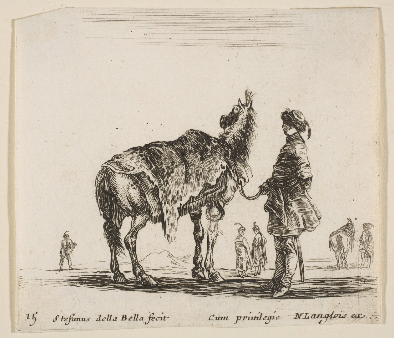 Ilustração 15: um nobre polonês, de costas, segurando o cavalo coberto de pele de leopardo ..., ca. 1644-47. de Stefano della Bella