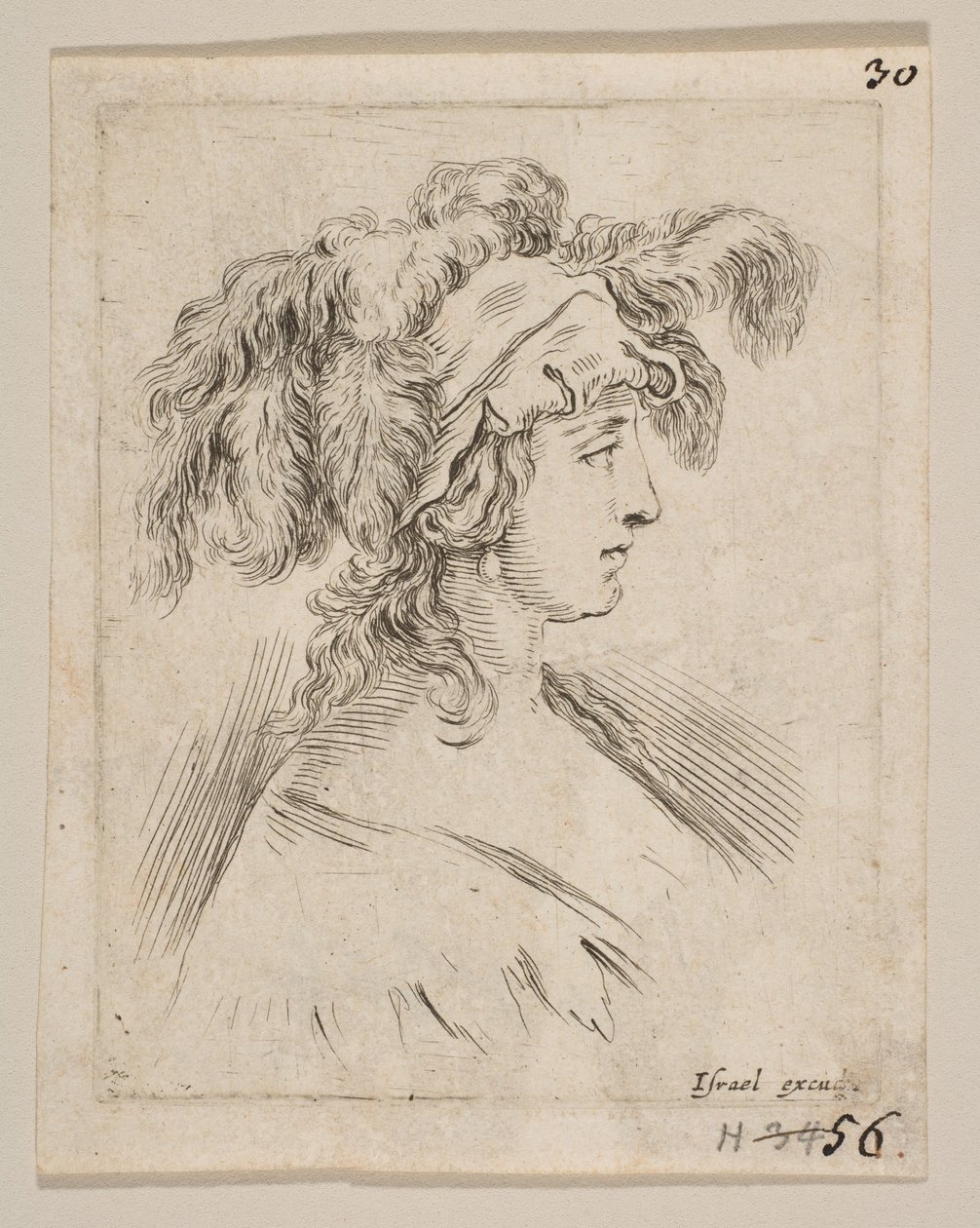 Ilustração 15: busto de uma jovem mulher de perfil, usando um chapéu coberto de penas, de ..., ca. 1649 de Stefano della Bella