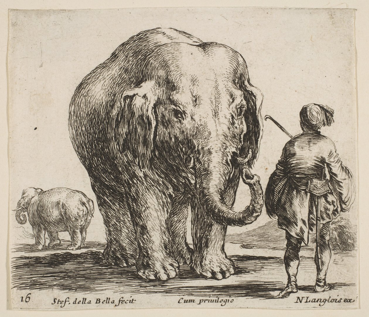 Ilustração 16: um elefante no centro, seu Cornaca à direita vestindo um Oriente ..., ca. 1644-47. de Stefano della Bella