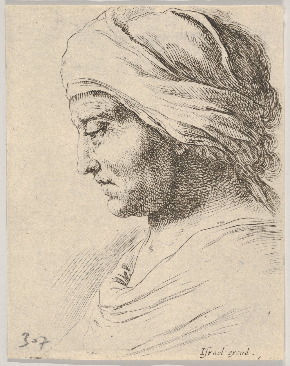 Ilustração 16: cabeça de um velho de perfil com um pano amarrado à cabeça, de The B ..., ca. 1649 de Stefano della Bella