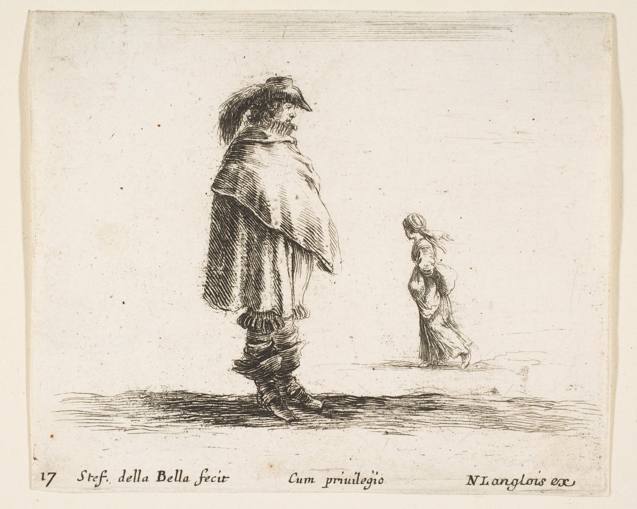 Ilustração 17: um homem com um chapéu de plumas no centro virado para a direita, uma mulher caminhando em direção a..., ca. 1644-47. de Stefano della Bella