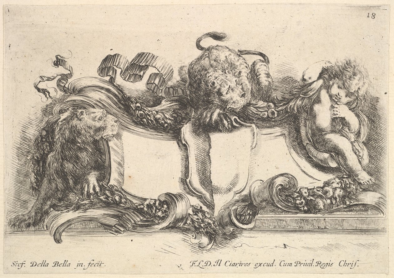 Placa 18: uma cartela contendo uma crista vazia, duas leoas, uma à esquerda e outra no cen..., 1646. de Stefano della Bella