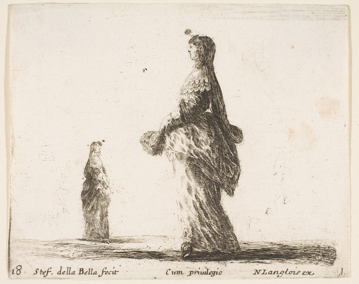 Ilustração 18: uma nobre caminhando para a esquerda com um leque de penas, outra mulher ..., ca. 1644-47. de Stefano della Bella