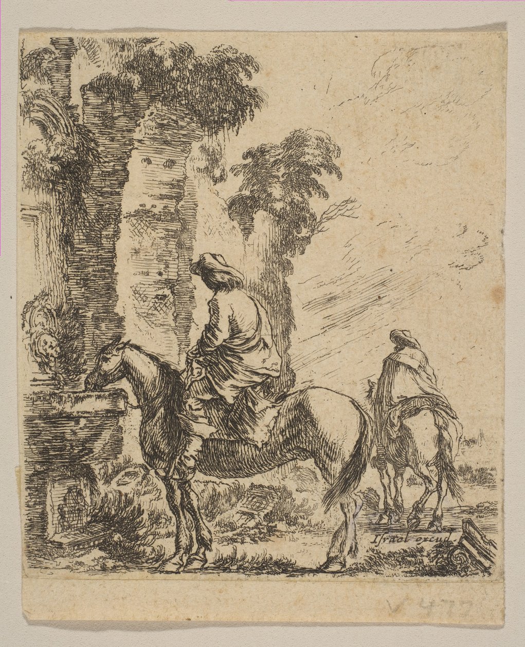 Ilustração 19: Paisagem com um Cavalier que rega seu cavalo em uma fonte, de Various fi ..., ca. 1646 de Stefano della Bella