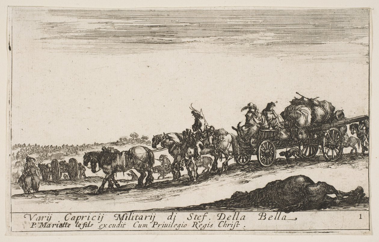 Ilustração 1: Um carrinho puxado a cavalo carregando pessoas e mercadorias, cavalo morto em primeiro plano, f ..., ca. 1641 de Stefano della Bella