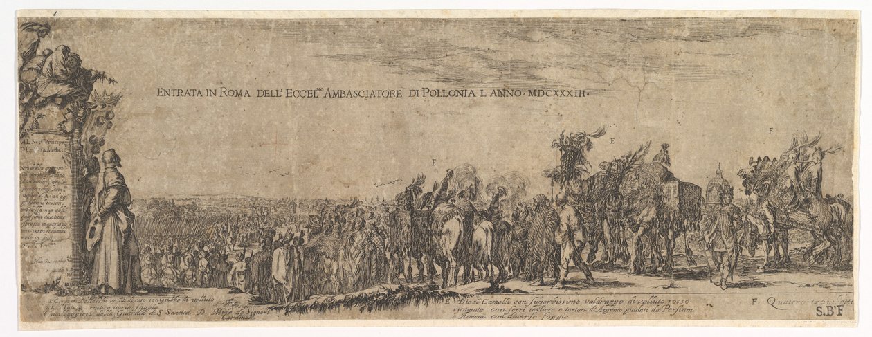 Placa 1: A entrada do embaixador polonês em Roma, o brasão dos Médici à esquerda, 1633. de Stefano della Bella
