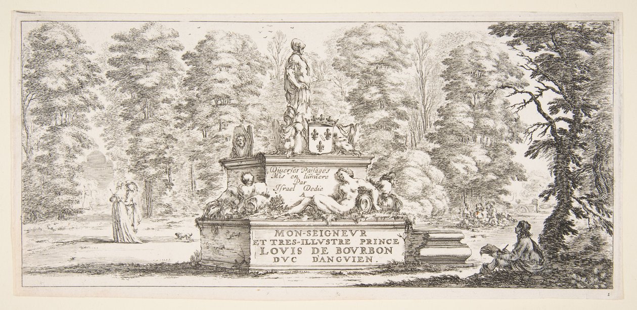 Ilustração 1: um monumento com estátuas e um brasão de armas no centro, um draughstman em th ..., ca. 1643 de Stefano della Bella
