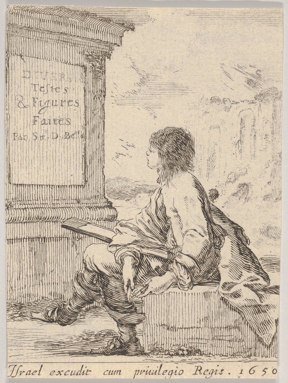 Ilustração 1: um jovem sentado em uma pedra, voltado para a esquerda de perfil, segurando uma prancheta em ..., 1650. de Stefano della Bella