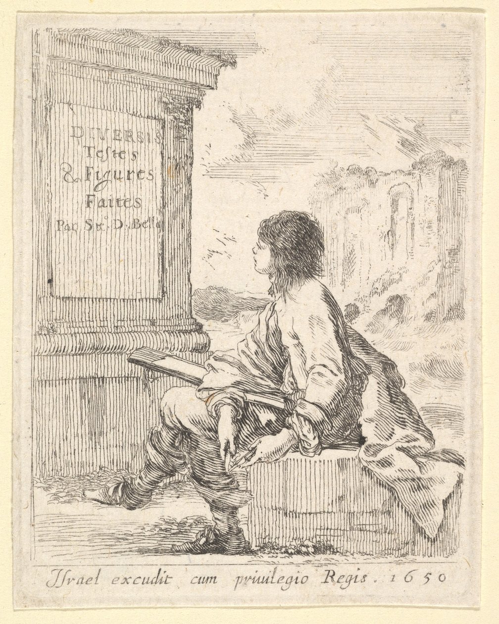 Ilustração 1: um jovem sentado em uma pedra, voltado para a esquerda de perfil, segurando uma prancheta em ..., 1650. de Stefano della Bella