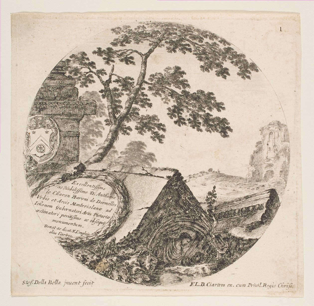 Ilustração 1: fragmentos de monumentos antigos, de Roman Landscapes and Ruins Paysages ..., ca. 1646 de Stefano della Bella