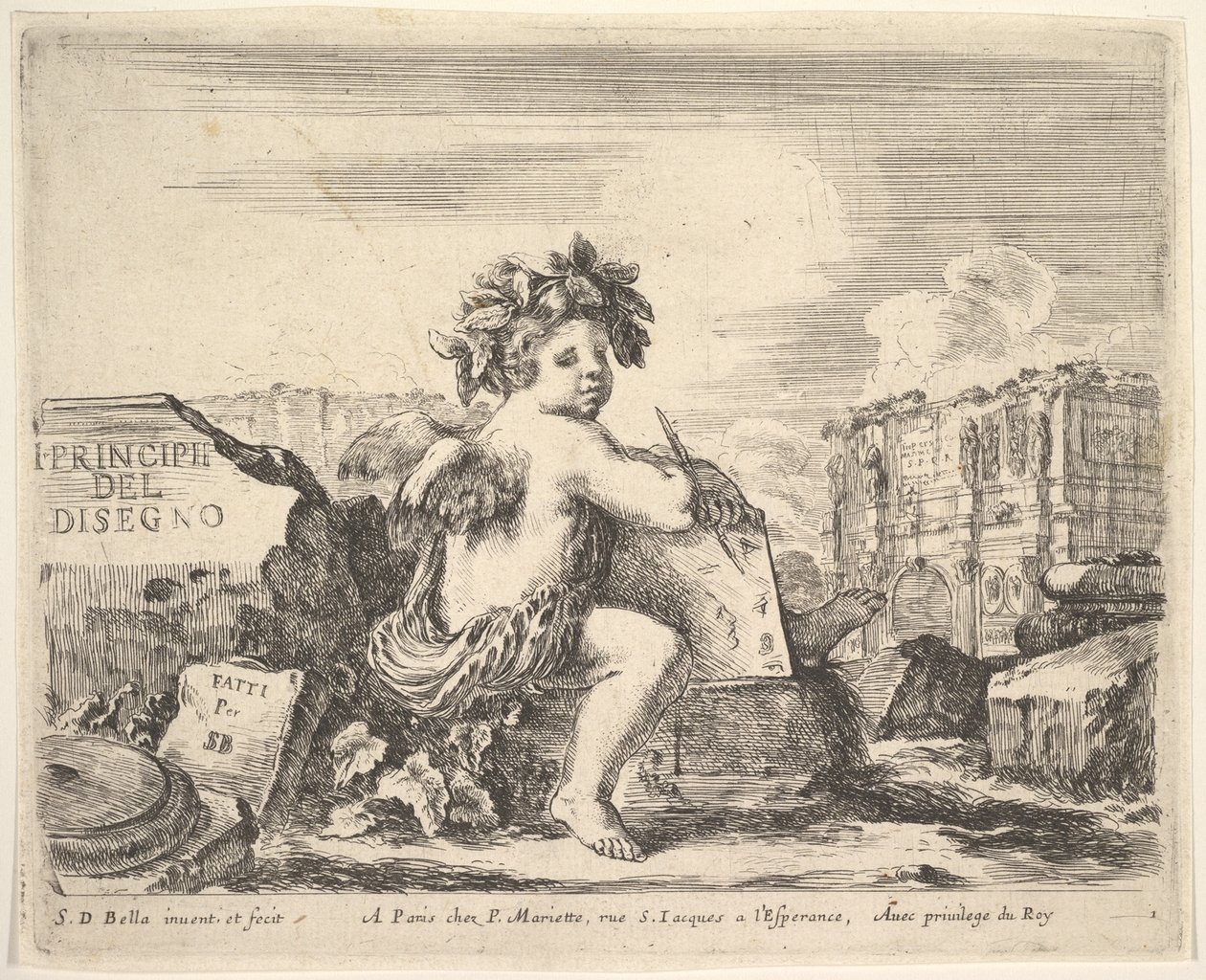 Ilustração 1: o gênio do desenho, uma criança com asas, sentada em uma pedra no centro virada ..., ca. 1641 de Stefano della Bella